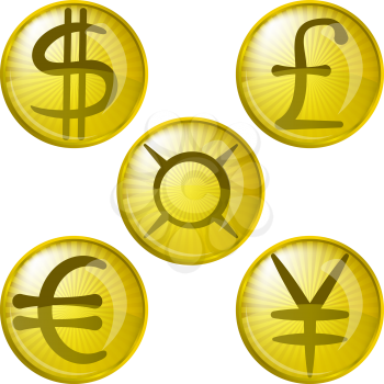 Set icon, buttons with money, currency signs: dollar, euro, pound, yen, universal, eps10, contains transparencies. Vector