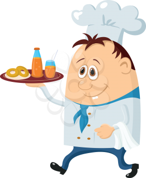 Cook, cartoon chef with drinks on plate isolated over a white background. Vector