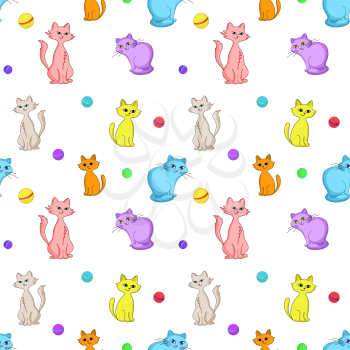 Vector seamless background, multi-coloured cats and balls