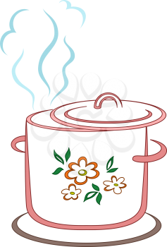 Kitchen pan with a pattern from flower and leaves, colorful silhouette. Vector