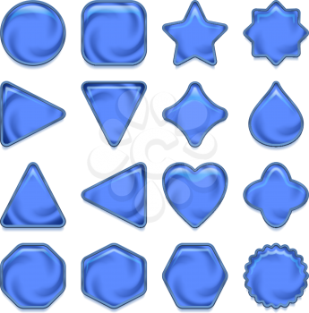 Set of glass blue buttons with silver frames and shadows, computer icons of different forms for web design, isolated on white background. Vector eps10, contains transparencies