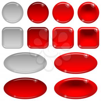 Set of glass red buttons, computer icons, in various states - normal, illuminated, clicked, inactive. Elements for web design, isolated on white background. Vector eps10, contains transparencies