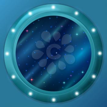 Abstract holiday background, blue space with stars and nebulas in round window porthole on a wall. Eps10, contains transparencies. Vector