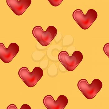 Seamless background, red hearts on a yellow. Vector