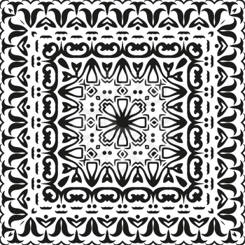 Abstract seamless background with black symbolical floral patterns on white. Vector