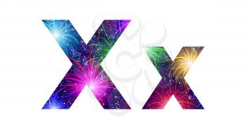 Set of English letters signs uppercase and lowercase X, stylized colorful holiday firework with stars and flares, elements for web design. Eps10, contains transparencies. Vector