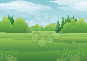 Background landscape, summer green forest and blue sky with clouds. Vector