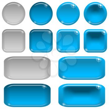 Set of Glass Blue Buttons, Computer Icons, in Various States, Normal, Illuminated, Clicked, Inactive. Elements for Web Design, Isolated on White Background. Vector Eps10, Contains Transparencies