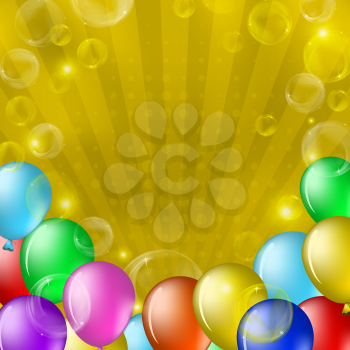 Vector, various coloured balloons and bubbles on gold background with beams, contains transparency