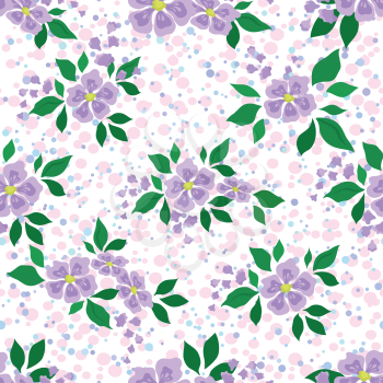 Abstract floral seamless background with lilac flowers, green leaves and confetti, isolated on white. Vector