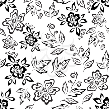 Seamless floral background, symbolical flowers and leaves, black contours on white Vector