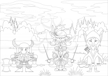 Fantasy brave heroes: elf archer, count fencer and dwarf warrior standing in forest, funny comic cartoon characters, black contour on white background. Vector