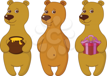 Teddy bear set, cute little toy, standing and smiling, isolated. Various  simple, with gift box and honey pot. Vector