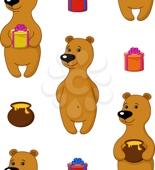 Seamless holiday background, teddy bear with gift box and honey pot. Vector