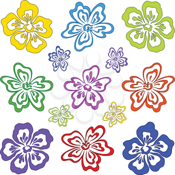 Abstract flowers, symbol pictograms different colors, set. Vector