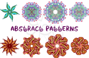 Set of Abstract Symbolical Floral Patterns, Colorful Design Elements Isolated on White Background. Vector