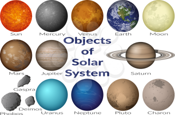Space Set Planets Solar System, Sun, Earth, Moon, Venus, Mercury, Mars, Pluto, Charon, Phobos, Deimos, Gaspra, Neptune, Jupiter, Saturn and Uranus. Elements Furnished by NASA, http://solarsystem.nasa.