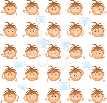 Set of round smilies with brown hair, symbolising various human emotions on white background. Vector