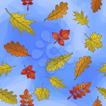 Autumn Nature Background with Leaves of Plants over the Blue Sky, Polygonal Low Poly Design. Vector