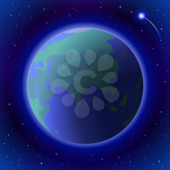 Space background, planet mother Earth in close-up, bright comet and stars. Vector eps10, contains transparencies