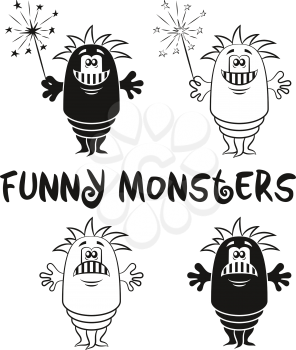 Set of Cute Different Cartoon Monsters, Black Contour and Silhouette Characters with Sparklers, Elements for your Design, Prints and Banners, Isolated on White Background. Vector