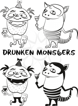 Set of Funny Drunken Cartoon Monsters with Alcohol Drinks, Black Contour and Silhouette Characters in Holiday Caps, Smiling and Dancing, Elements for your Party Design, Isolated on White. Vector