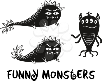 Set of Cute Different Cartoon Characters, Monsters, Elements for your Design, Prints and Banners, Black Contour and Silhouette. Vector