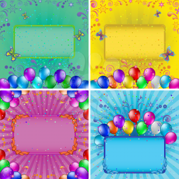 Set of holiday backgrounds with various colorful balloons, tables, confetti and abstract patterns. Vector