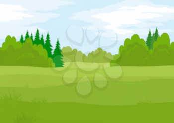 Background Landscape, Summer Green Forest with Fir and Deciduous Trees and Blue Sky with Clouds. Low Poly Illustration. Vector