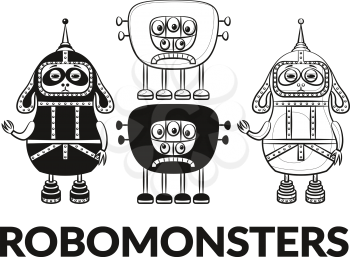 Set of Cute Different Cartoon Robots, Black Contour and Silhouette Characters, Elements for your Design, Prints and Banners, Isolated on White Background. Vector