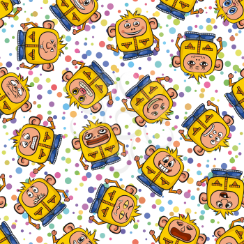 Seamless Background for Your Design with Cartoon Monsters in Overalls with Different Faces and Emotions, Colorful Tile Pattern with Cute Funny Characters. Vector