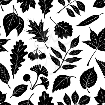 Seamless Nature Background with Black Pictogram Tree Leaves, Oak, Iberian Oak, Raspberry, Willow, Liquidambar, Hawthorn, Aspen, Ginkgo Biloba, Elm Karagach, Birch, Ash, Chestnut and Sambucus. Vector