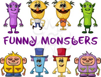 Set of Funny Colorful Cartoon Characters, Different Monsters, Elements for your Design, Prints and Banners, Isolated on White Background. Vector