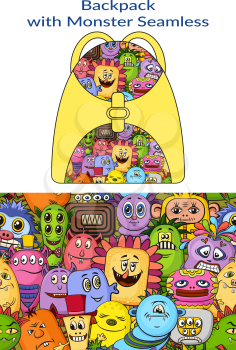 Seamless Background for your Design with Different Cartoon Monsters, Colorful Tile Pattern with Cute Funny Characters, Presented in Sample Form, Children Backpack. Vector