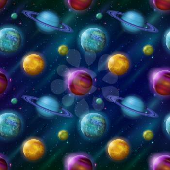 Space Seamless Background with Various Fantastic Planets and Moons. Tile Pattern for Your Web Design. Elements of This Image Furnished By NASA. Eps10, Contains Transparencies. Vector