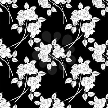 Seamless Floral Background, White Contour Flowers Roses Isolated on Black Background. Vector