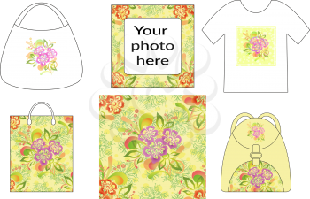 Holiday Background, Symbolical Colorful Flowers and Leaves, Presented in Tank Top, Shopping Bag, Handbag and Backpack with Abstract Floral Seamless Patterns. Eps10, Contains Transparencies. Vector