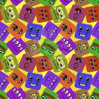 Seamless Background with Smileys, Monsters, Funny Cartoon Characters, Different Faces in Colorful Squares, Tile Pattern for Your Design. Vector