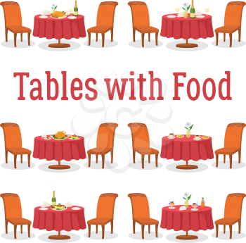 Set of Cartoon Festive Tables with Food, Holiday Thanksgiving Roasted Turkey, Bottle of Champagne Wine, Ice Cream and Other Dishes, Isolated on White Background. Eps10 Contains Transparencies. Vector