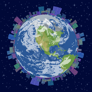 Landscape, Concept of Modern World, Planet Earth with Global Urban City with Buildings Skyscrapers in Starry Space. Elements of This Image Furnished by NASA. Eps10, Contains Transparencies. Vector