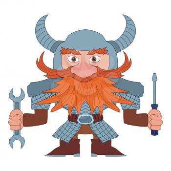 Dwarf, Redhead Repairman in Armor and Helmet Standing with Screwdriver and Wrench in His Hands, Funny Comic Cartoon Character. Vector