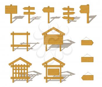 Set of Wooden Plank Boards, Billboards, Arrow Pointers and Signs with Shadows, Isolated on White Background. Vector