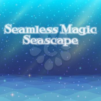 Horizontal Seamless Landscape, Magic Night Seascape, Silent Sea and Dark Blue Sky with Stars and Color Rays, Nature Background for Your Design. Eps10, Contains Transparencies. Vector