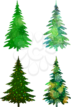 Set of Green Holiday Christmas Trees, Winter Symbols with Colorful Patterns, Isolated on White Background. Eps10, Contains Transparencies. Vector