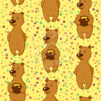 Seamless Holiday Background, Teddy Bears with Honey Pots. Tile Pattern with Funny Cartoon Characters. Vector