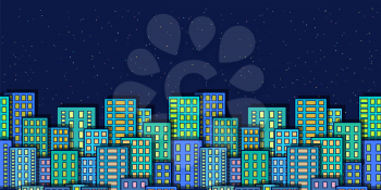 Horizontal Seamless Landscape, Urban Background, Night City with Skyscrapers against Starry Sky. Vector