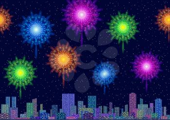 Horizontal Seamless Landscape, Holiday Urban Tile Background, Night City with Skyscrapers and Fireworks in Starry Sky. Eps10, Contains Transparencies. Vector