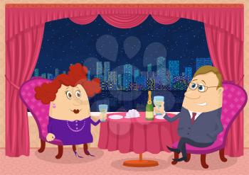 Respectable Gentleman and Fat Lady Near Table Raising Toast in Restaurant with View on Night City, Cartoon Valentine Illustration. Eps10, Contains Transparencies. Vector