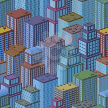 3d Isometric Three-Dimensional View of Megapolis City. Seamless Urban Landscape, Tile Background with Colorful Cartoon Houses, Buildings, Skyscrapers. Vector