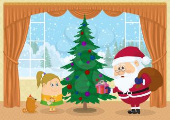 Santa Claus with a bag giving gift box to girl near fir tree in room with view on snowy forest, Christmas holiday illustration, funny cartoon characters. Eps10, contains transparencies. Vector